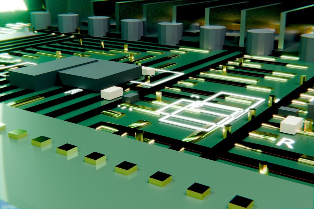 Electronic circuit board with glowing components close up